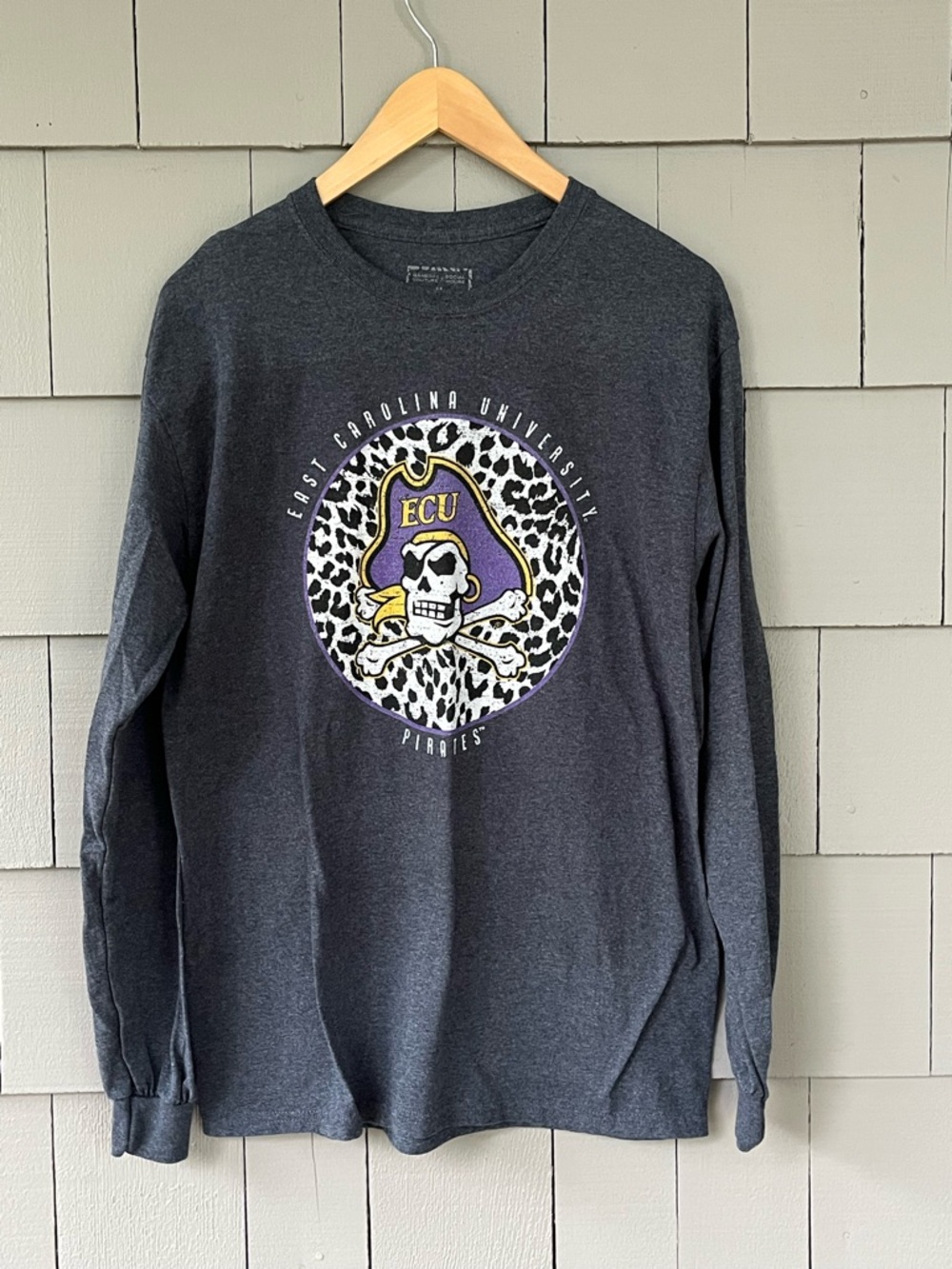 ECU EAST CAROLINA University grey long sleeved T-shirt with pirate.